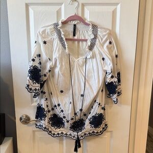 Embroidered White and Blue Women's Top